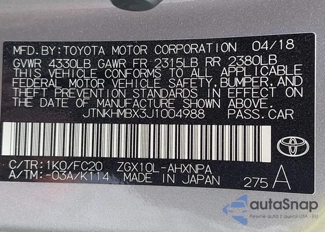 2018 Toyota C-Hr Xle from USA, damaged, VIN JTNKHMBX3J1004988